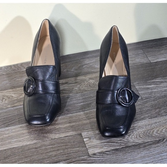 Marc Fisher Garland Black Leather Square Toe Loafer Heels w/ Buckle Detail 7.5M - Picture 2 of 14